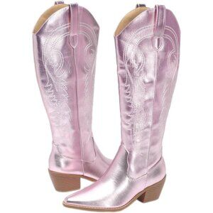 🆕Women's Pink PU Knee High Western Cowboy Boots Pointed Toe Cowgirl
